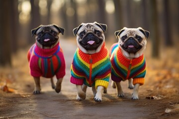 A trio of Pugs in colorful sweaters on a brisk walk - obrazy, fototapety, plakaty