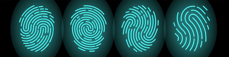 Set of vector fingerprints of different types. Personal identification. Fingerprints of turquoise colors on a black background. Stock illustration EPS 10 - obrazy, fototapety, plakaty