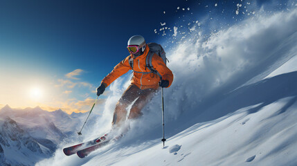A Man Wearing Winter Orange Costume Is Skiing In The Mountains  