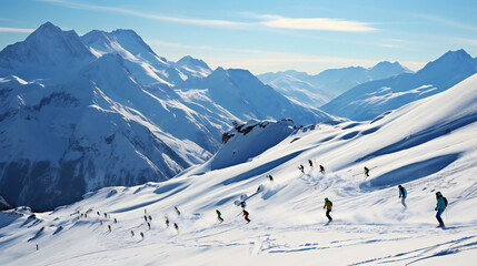 Many Skiers On A Ski Slope in Italian Alps