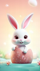 cute kawaii 3d style Easter bunny with Easter egg, cute character, pastel background