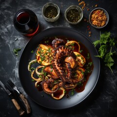 grilled octopus on the black plate