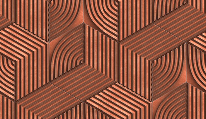 3D brass matte metal hexagons tiles with decor relief lines