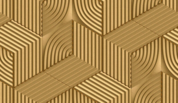 3D golden matte metal hexagons tiles with decor relief lines