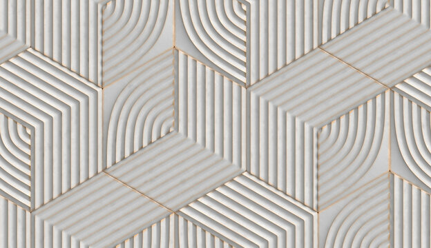 Fototapeta White relief hexagons with golden scuffs