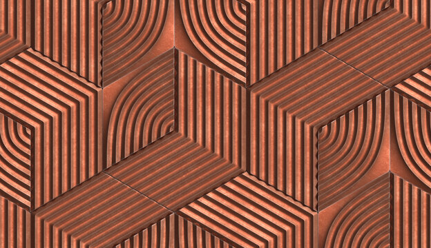 3D brass matte metal hexagons tiles with decor relief lines