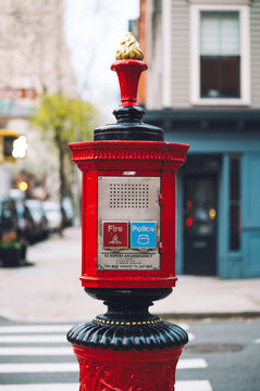 Ornate red emergency post in Manhattan