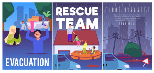Emergency evacuation victims of flood disaster, people rescue from storm on boat, flooded city street vector posters set - obrazy, fototapety, plakaty