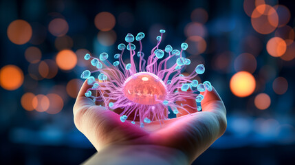 ball with microbes in human hands - obrazy, fototapety, plakaty