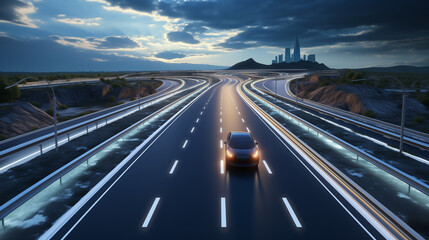 A Car Driving A Modern Wide Highway With Four Lanes 