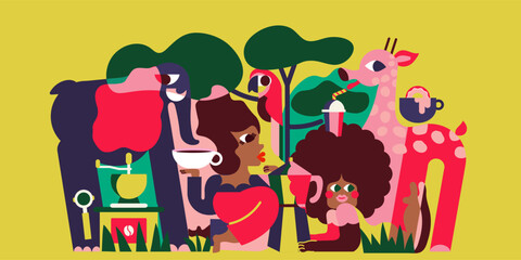 Delicious African coffee.
African women, animals of the savannah, hot colors of the illustration mentally take us to the place of origin of the legendary varieties of Arabica.
Packaging design.