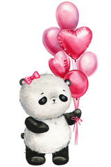 Cute little panda and pink balloons watercolor hand drawn illustrations, Baby animal on isolated background for design