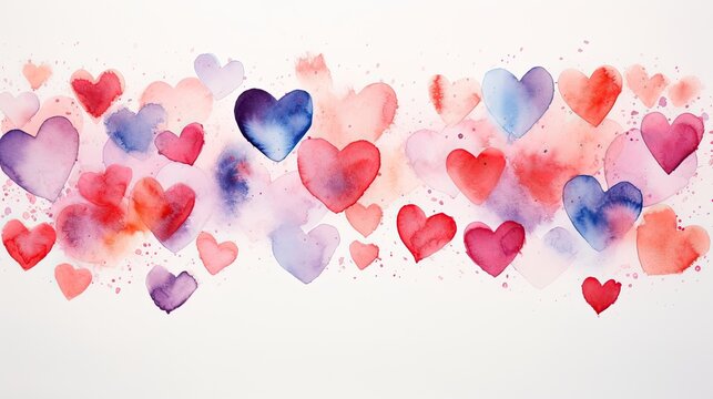 Valentines day watercolor background banner with copy space, abstract panorama backdrop with red and purple hearts - concept of love, romantic