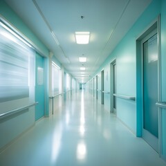 Obraz premium Bright and Sterile Hospital Corridor with a Modern Clinical Atmosphere, healthcare systems, backdrop for emergency preparedness guides