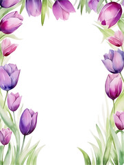 Abstract frame background with purple watercolor tulips and free copy space inside 