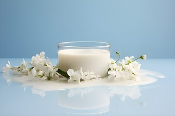 Fototapeta na wymiar Milk in glass bowl surrounded by gentle white flowers in water on light blue background