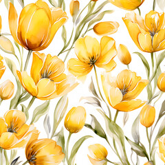 Seamless pattern background with yellow watercolor tulips 