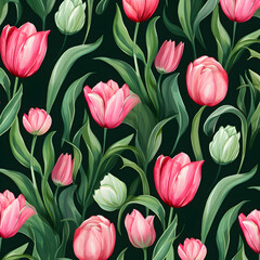 Obraz premium Seamless pattern with pink watercolor tulips on dark background