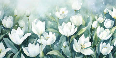 Abstract watercolor white flowers on dark green background 