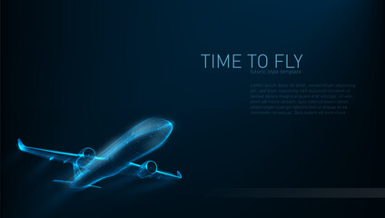 3D Blue Wire Plane Take Off On Dark Background - obrazy, fototapety, plakaty