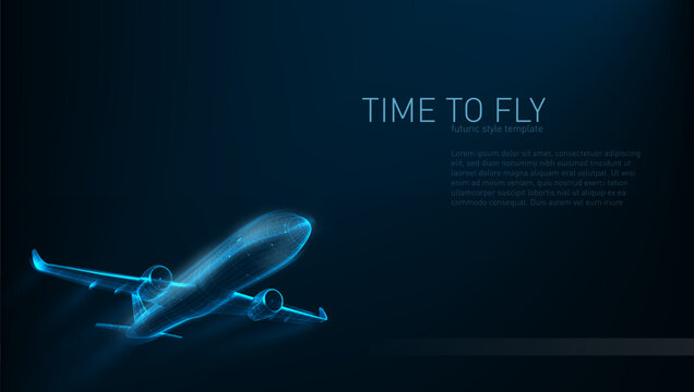 3D Blue Wire Plane Take Off On Dark Background