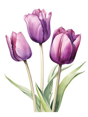 Watercolor purple tulips flowers an white background 