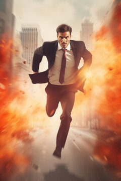 City street explosion - businessman running for his life - Businessman running - action packed thriller - corporate political, suspense, mystery, action concept - motion blur 