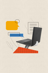 Vertical creative retro photo collage of hand hold laptop netbook with message notification text...