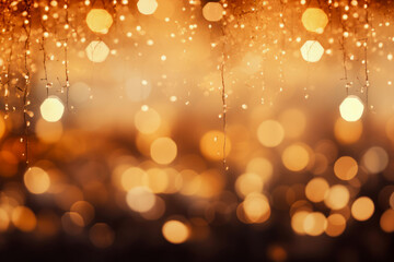 Obraz premium Golden Christmas lights defocused in bokeh effect. Copy space. Can be used for New year celebration