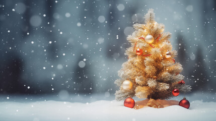 Fototapeta na wymiar Miniature Christmas tree in snow with decoration