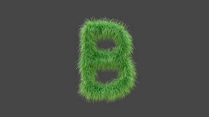 3D animation green grass letter B, isolated beautiful letter of green grass blowing in the wind, 3D rendering, RGB Alpha, UHD 4K