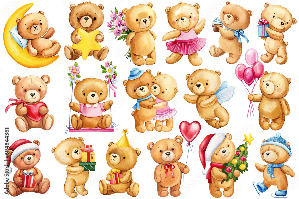 Wall mural teddy bear set, cupid, gift, roses flowers and heart on isolated white background. watercolor love