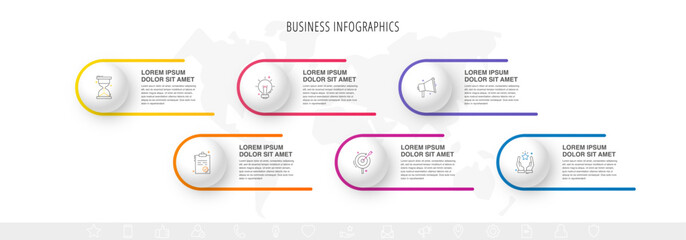 Six colorful circles are connected with lines and icons. Vector timeline with 6 circles and steps for business process concept, presentation, report.