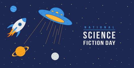 National science fiction day on January 2. Trendy design horizontal banner, flyer, poster and greeting card. Sci-Fi Celebration. Beautiful space background with ufo, Space rocket. Vector illustration © Narek