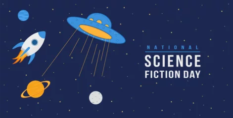 Deurstickers National science fiction day on January 2. Trendy design horizontal banner, flyer, poster and greeting card. Sci-Fi Celebration. Beautiful space background with ufo, Space rocket. Vector illustration © Narek