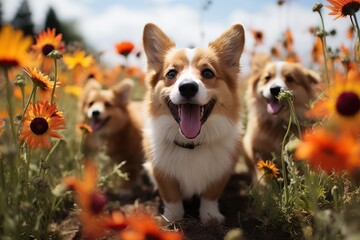 Furry springtime frolic puppies playing among blooms, spring photography