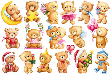 Teddy bear set, Cupid, gift, roses flowers and heart on isolated white background. Watercolor love