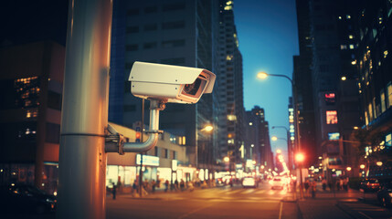 Surveillance camera and night street in blurred background - obrazy, fototapety, plakaty