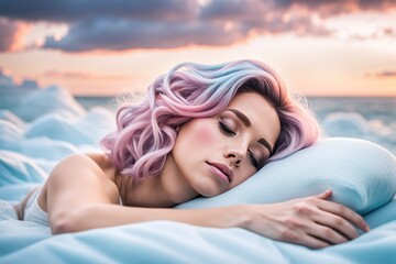 Obraz premium The girl sleeps in the clouds, the dream is like in the sky in the clouds
