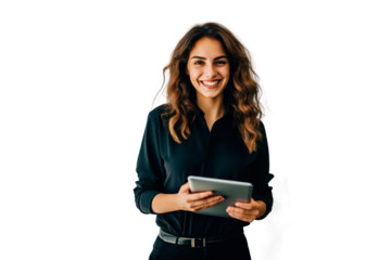 A positive female financier manager uses a computer internet tablet in the office, an economist employee in a shirt in the company. Transparent background.