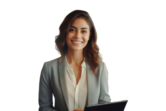 The woman is a positive learning education online internet tablet, a friendly employee in the company in the office. Transparent background.