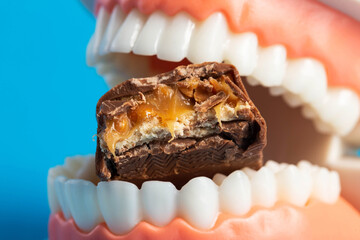 A bitten piece of chocolate in a dental jaw mockup on a blue background. The concept of the effect...