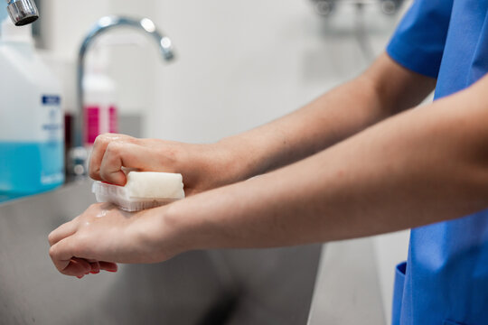Crop nurse washing hands with sponge in sink at hospital