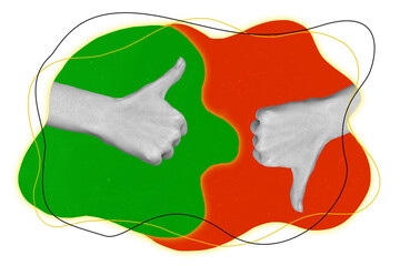 Collage banner picture of two arm showing positive negative reaction feedback yes no symbol thumbs...