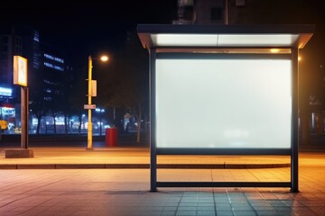 Illuminated blank billboard mockup. Advertising billboard on the bus stop