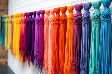 Spectrum of colorful macrame crafts hanging in an art studio