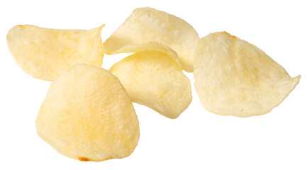 Heap of potato chips isolated on white background.