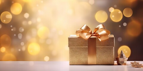Obraz na płótnie Canvas Golden christmas gift box with festive ribbon. Enchanting image captures spirit of holiday season with beautifully wrapped golden gift box adorned with decorative ribbon