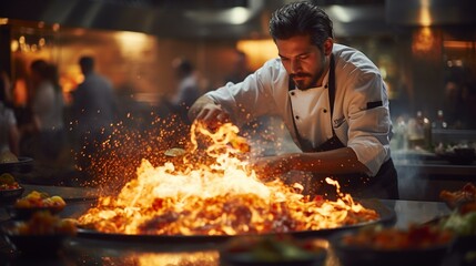 A chef flambeing a dish with flames in the background,[chef]