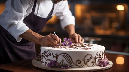 A chef carefully decorating a cake with intricate designs,[chef]